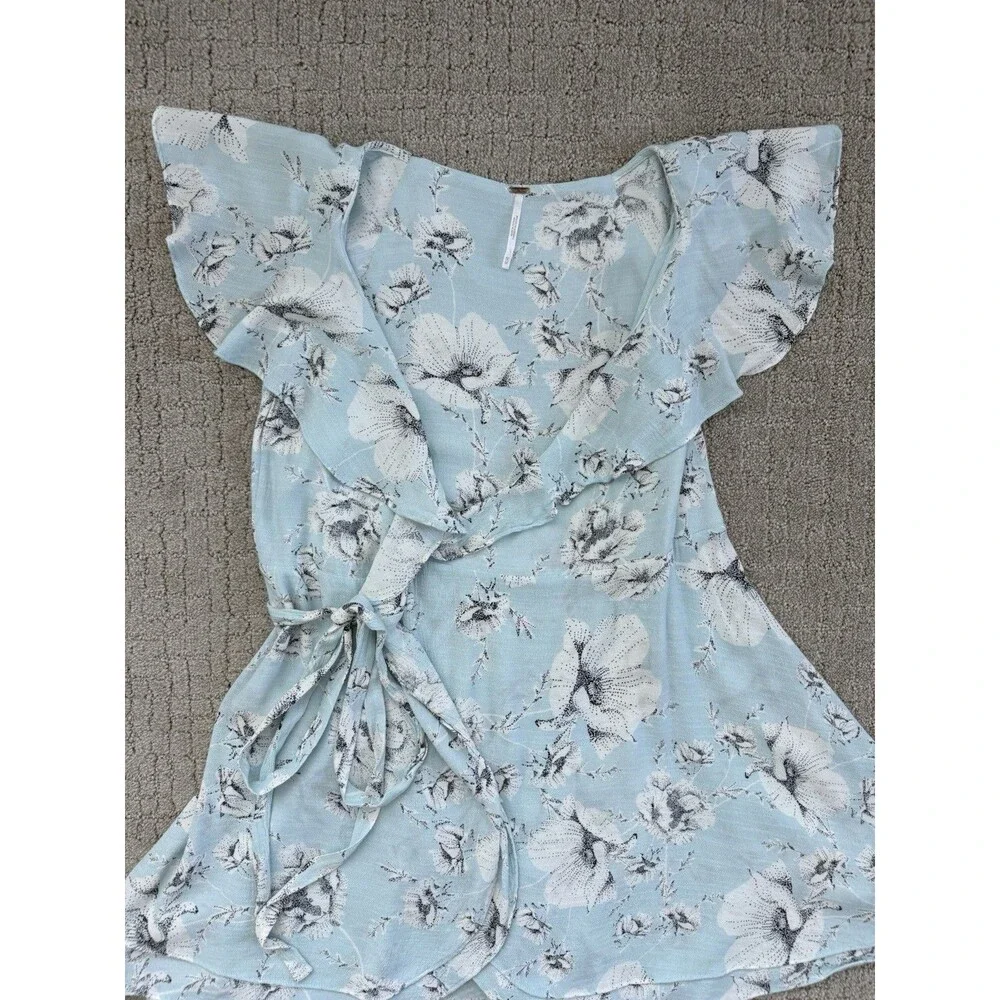 Free People French Quarter Wrap Dress M Blue White Floral Ruffle Boho Mini